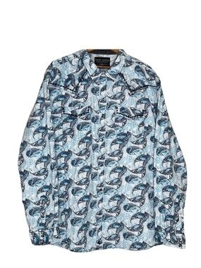 Cody James Western Pearl Snap Shirt 2XL Blue Paisley Cotton Long Sleeve Festival